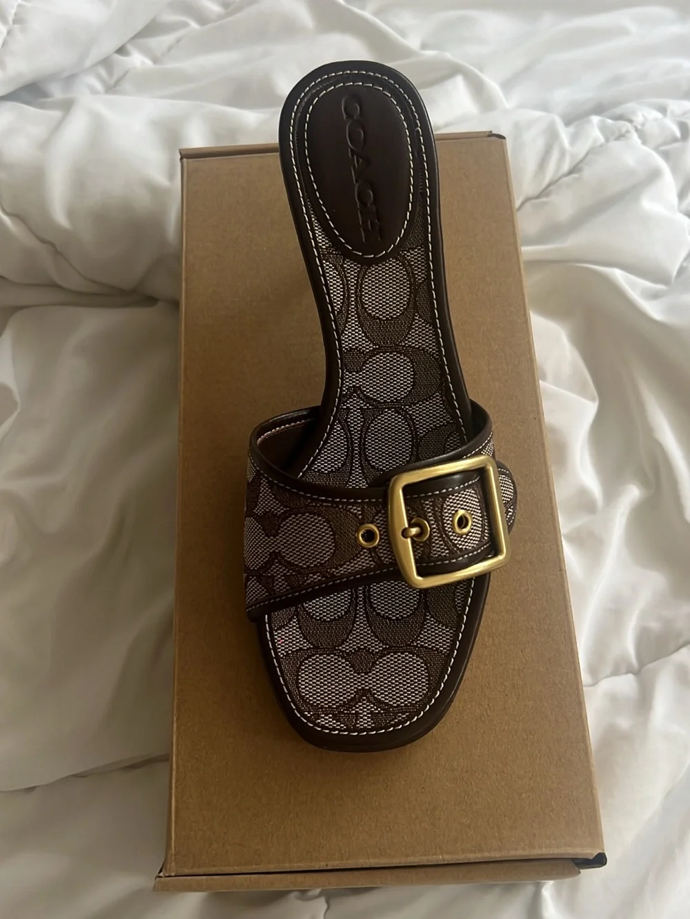 Viral COACH Women's Brown Signature Kitten Heel Sandals with Buckle